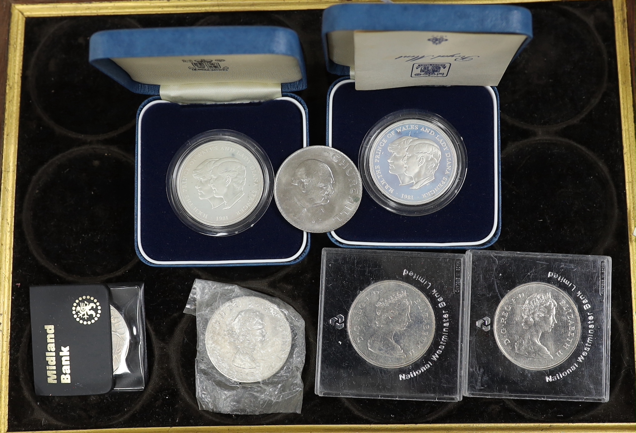 British coins, Royal Mint, QEII, two cased silver proof coins commemorating the marriage HRH Prince of Wales and Lady Diana Spencer 1981 and six other commemorative crowns